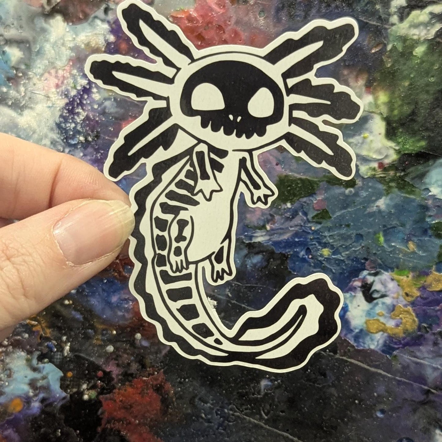 Spooksalotl axolotl sticker | handmade | waterproof | holographic, sparkle, glossy