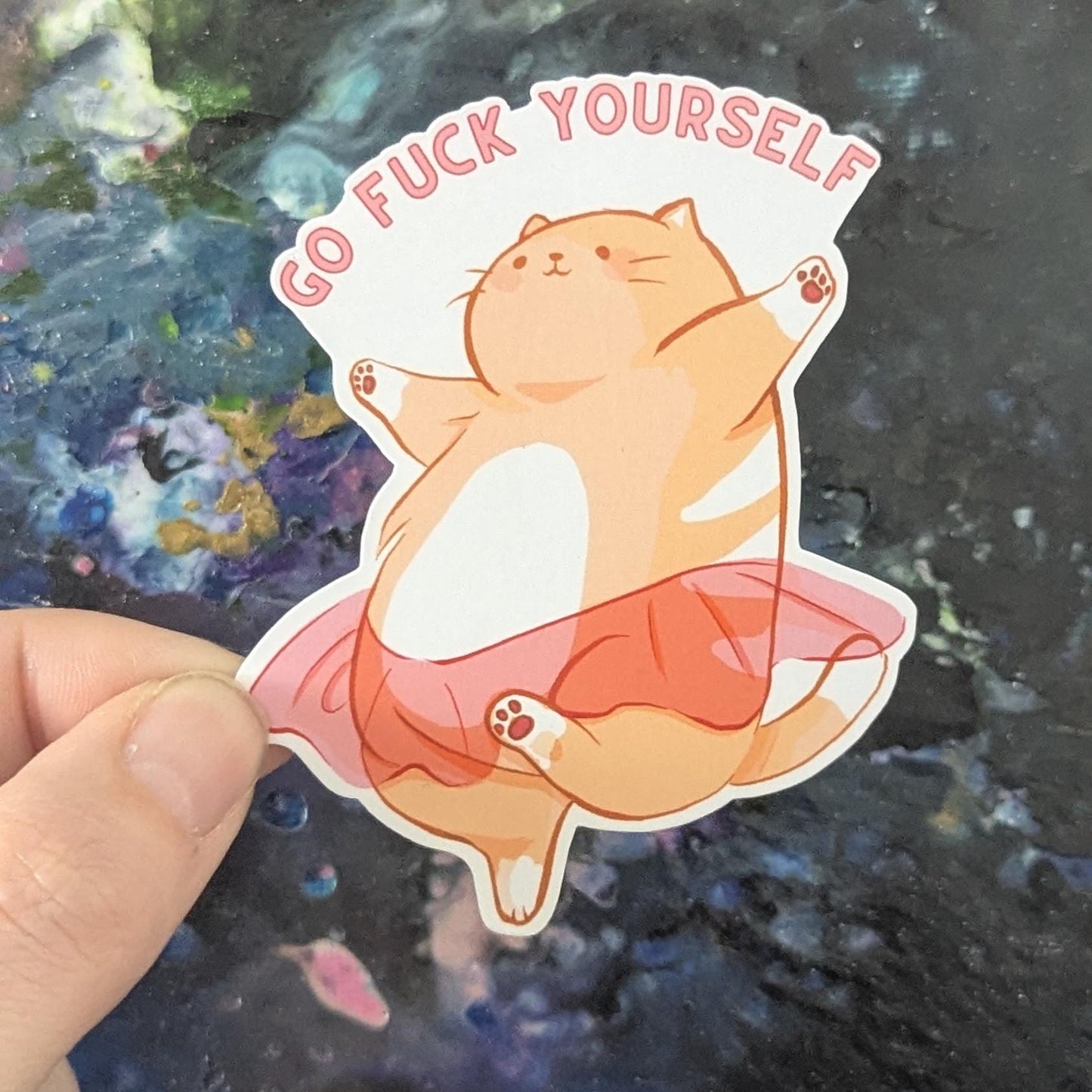 Chonky ballerina kitty sticker with text | go funk yourself, cat in tutu | dancing animal | waterproof | holographic, sparkle, glossy