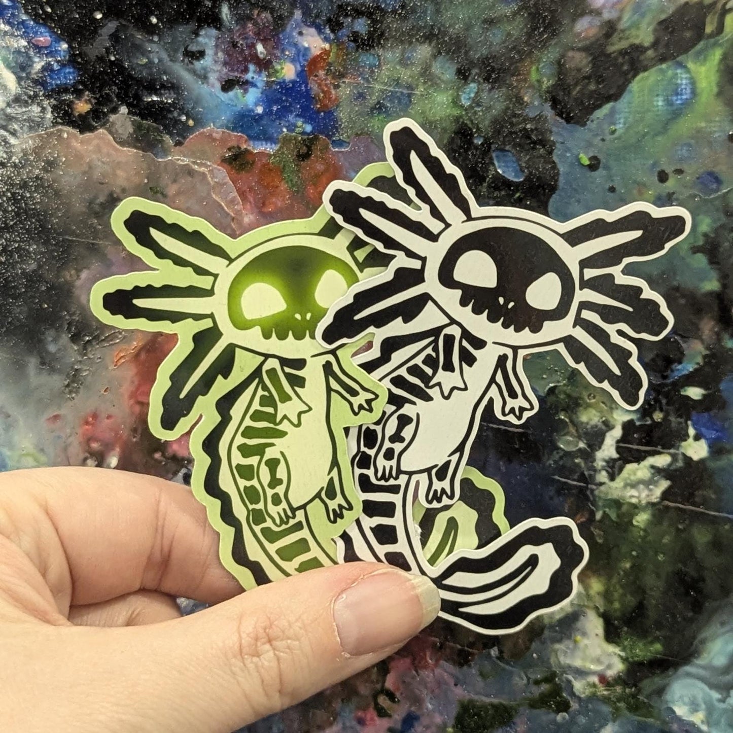 Spooksalotl axolotl sticker | handmade | waterproof | holographic, sparkle, glossy