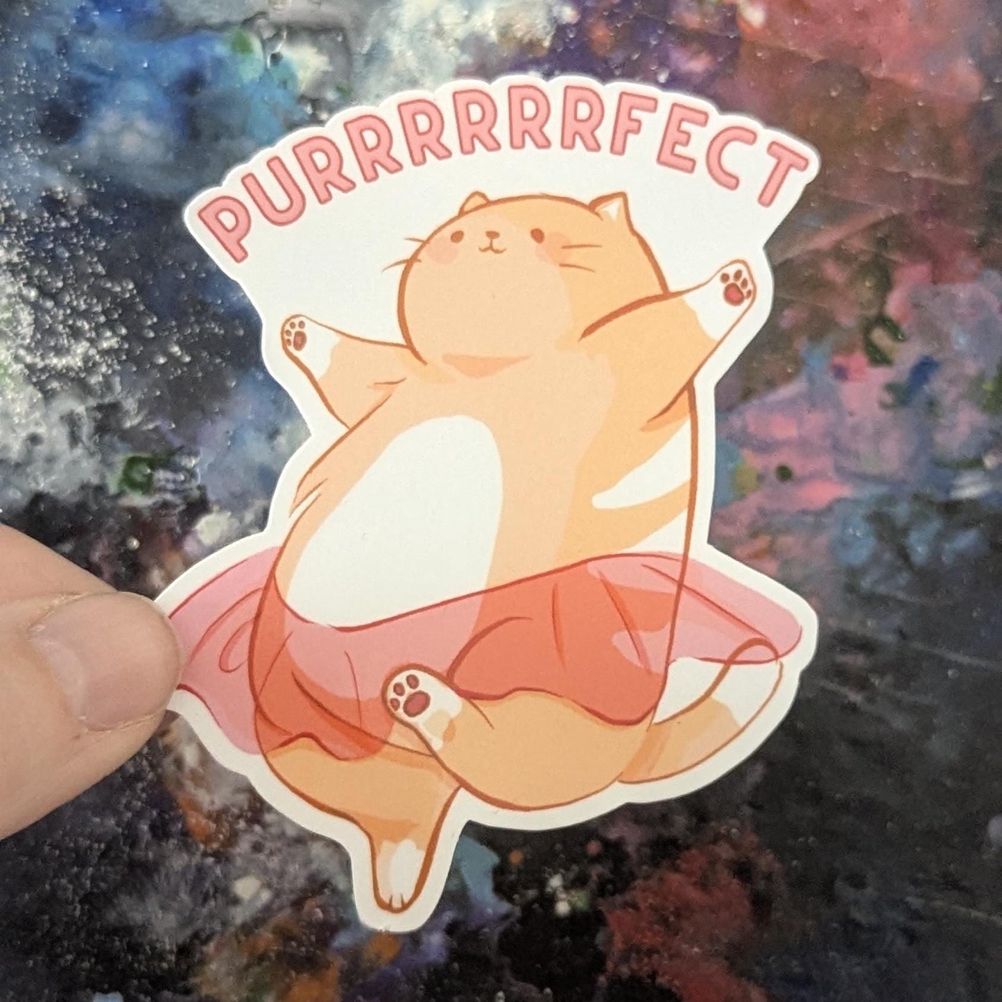 Chonky ballerina kitty sticker with text | go funk yourself, cat in tutu | dancing animal | waterproof | holographic, sparkle, glossy