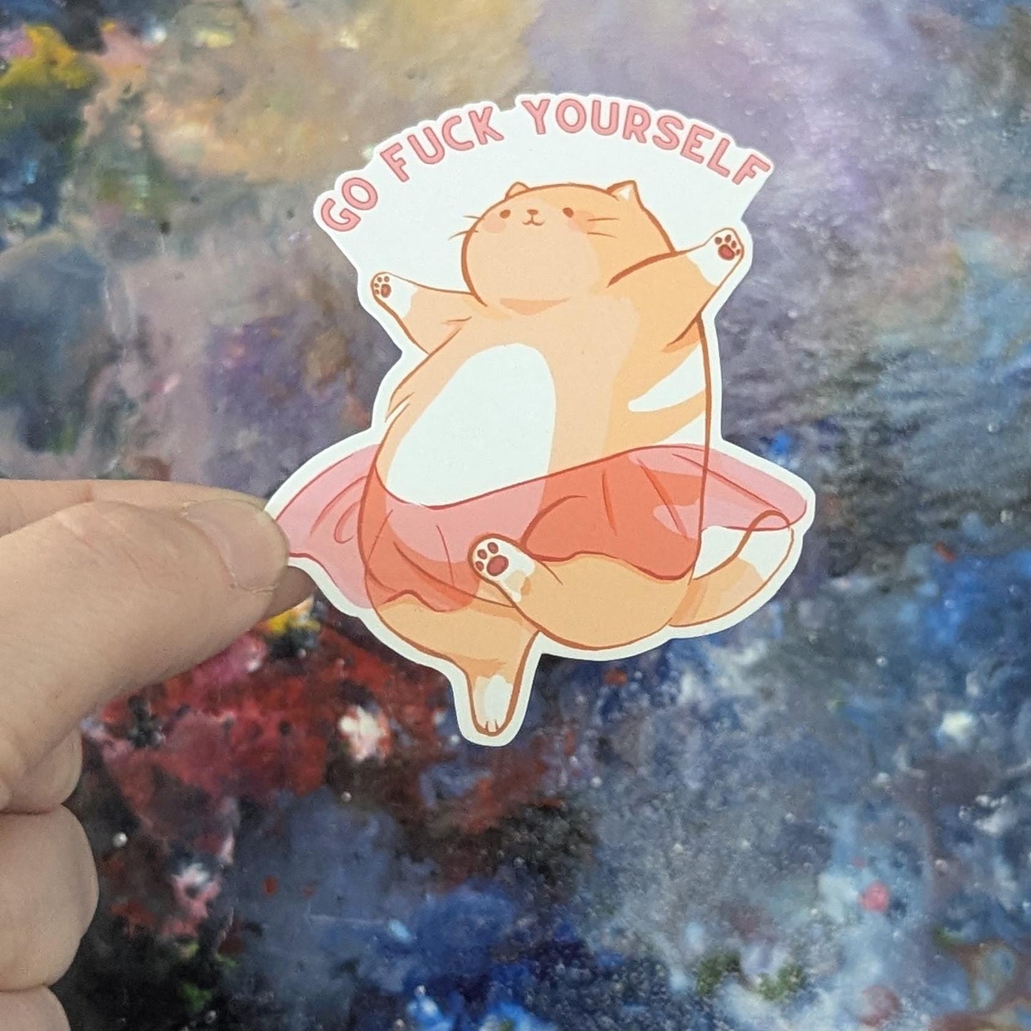 Chonky ballerina kitty sticker with text | go funk yourself, cat in tutu | dancing animal | waterproof | holographic, sparkle, glossy