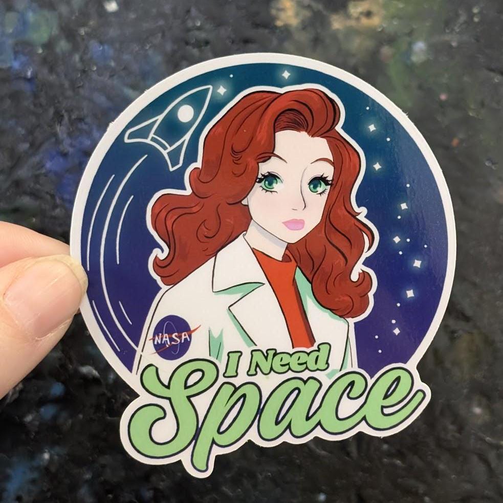 I Need Space | space exploration vinyl decal Sticker | waterproof finish | Spaceship, rocket, moon, space, science, anime woman theme