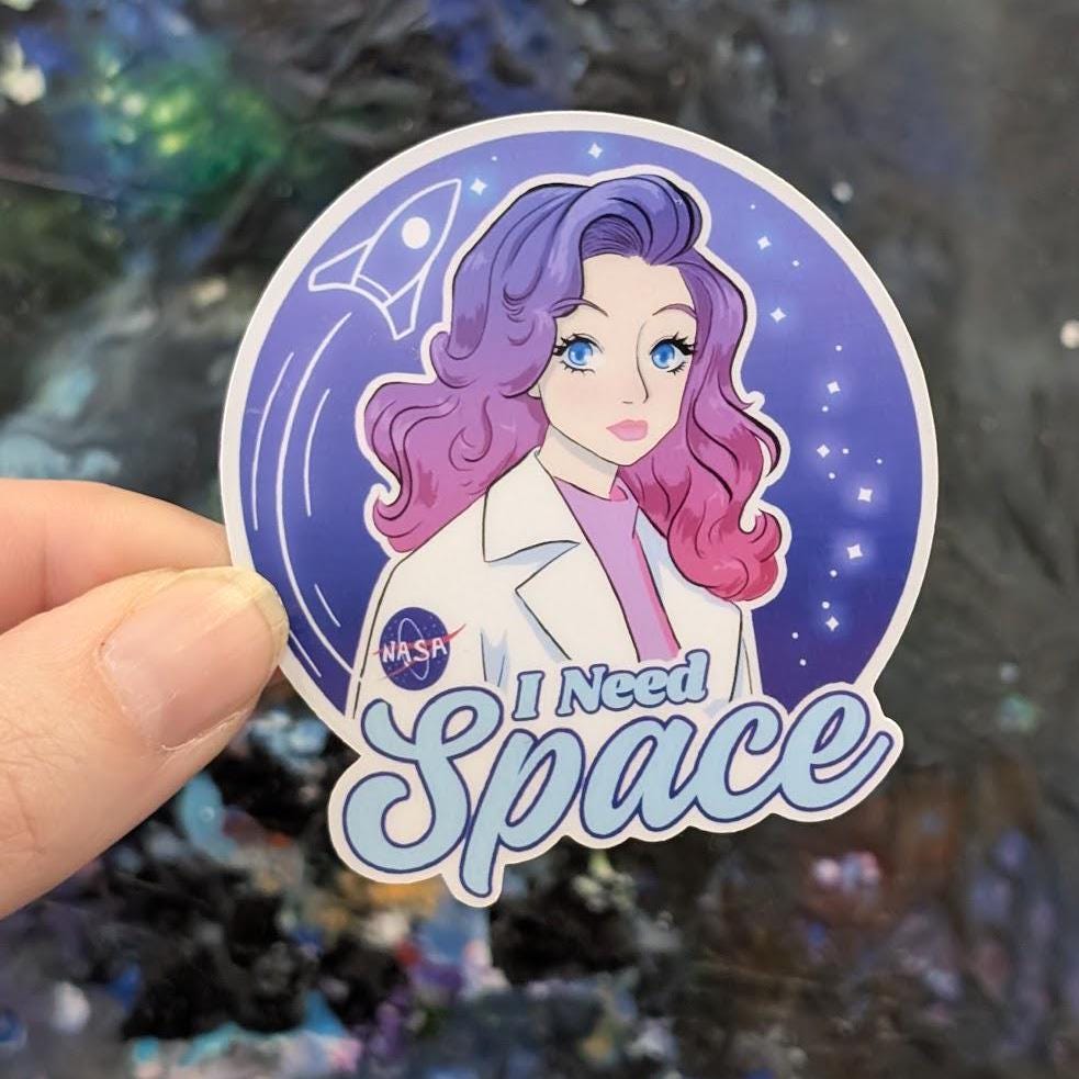 I Need Space | space exploration vinyl decal Sticker | waterproof finish | Spaceship, rocket, moon, space, science, anime woman theme