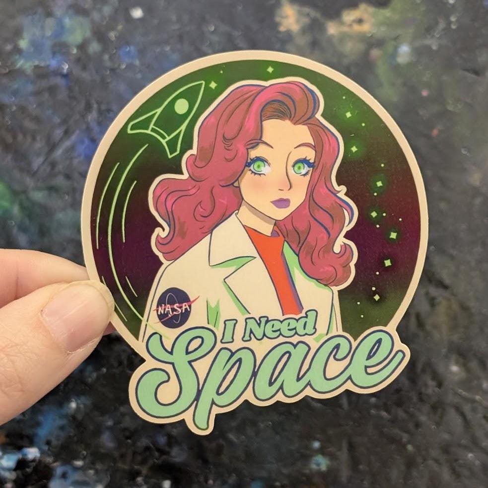 I Need Space | space exploration vinyl decal Sticker | waterproof finish | Spaceship, rocket, moon, space, science, anime woman theme