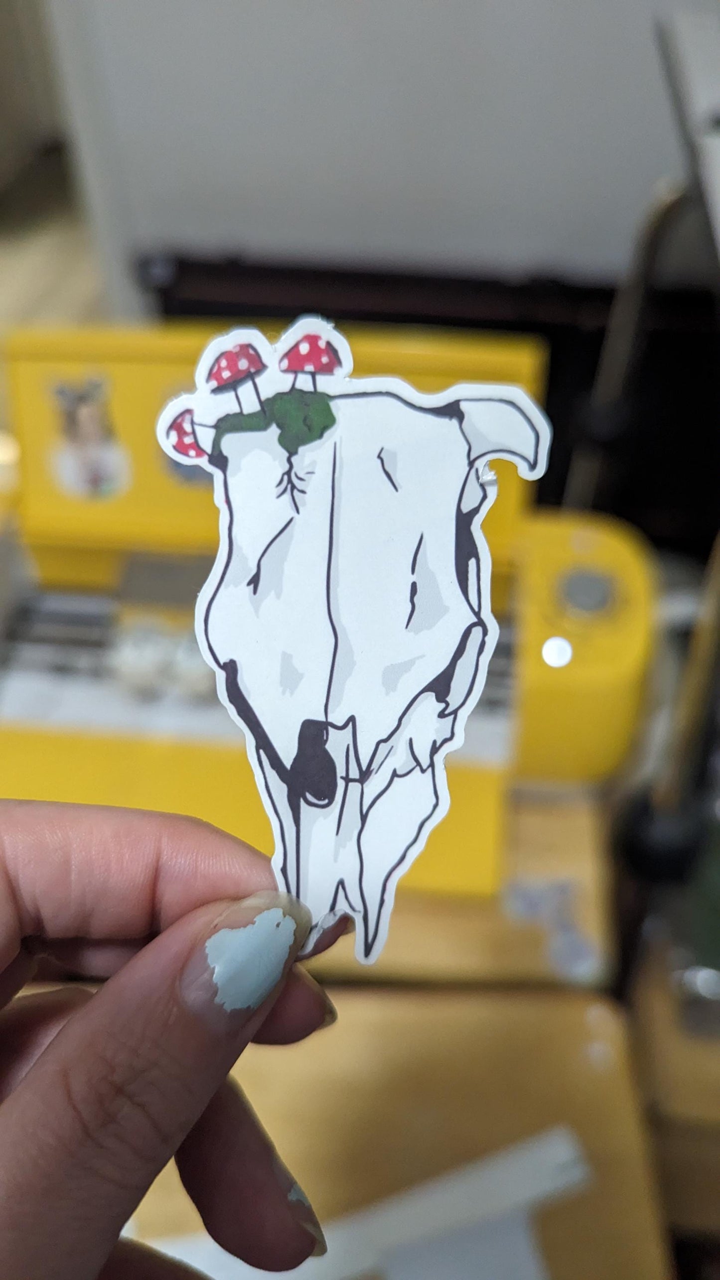 Cow skull and mushroom sticker | handmade | waterproof | holographic, sparkle, glossy
