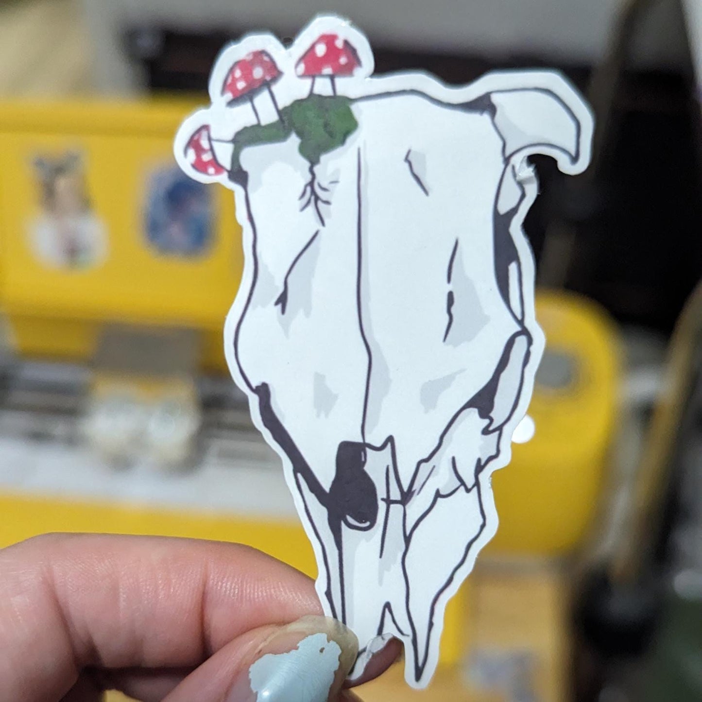 Cow skull and mushroom sticker | handmade | waterproof | holographic, sparkle, glossy