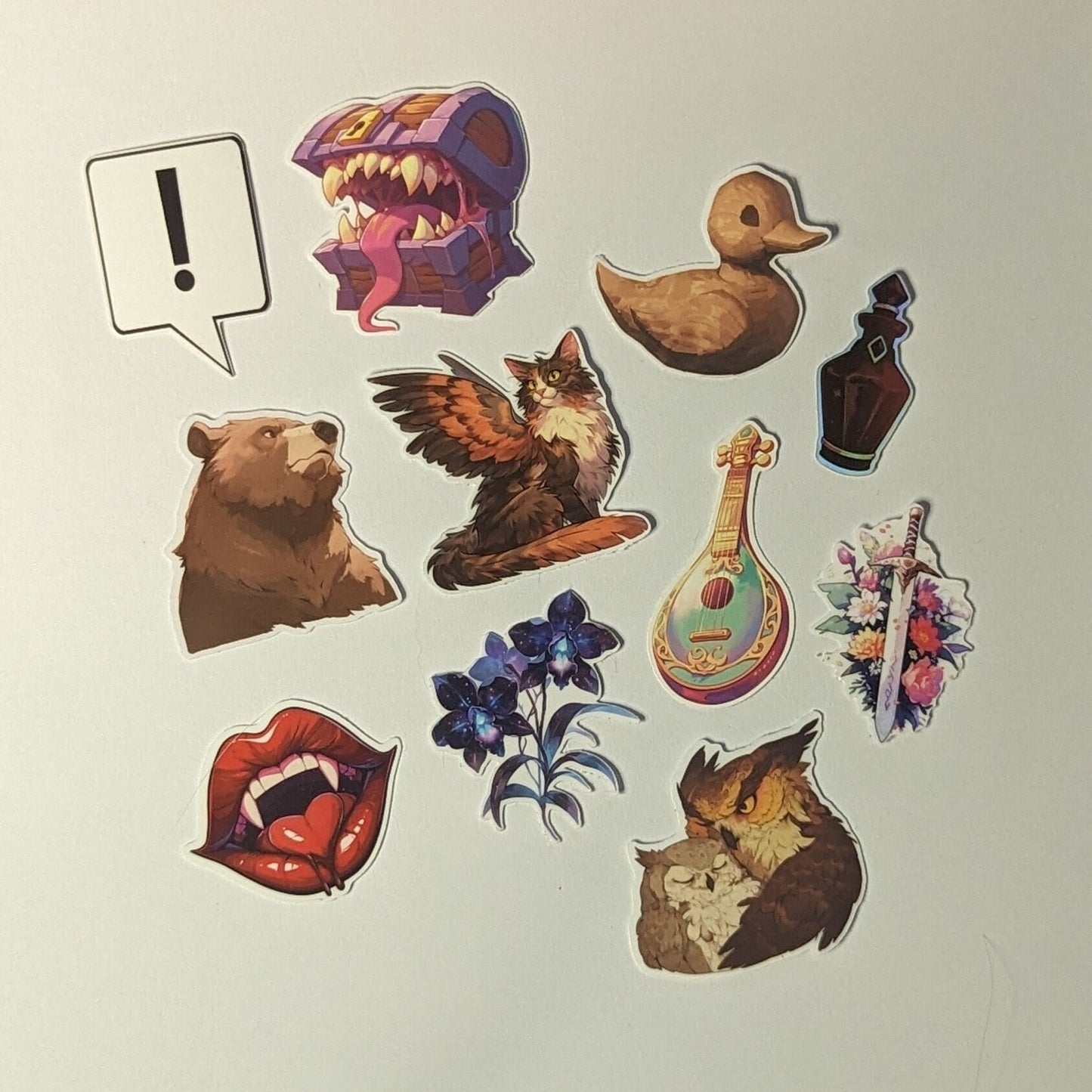 Big dungeons and dragons sticker Bundle, mimic, sword, owlbear, lute, potion, bear, duck, vampire