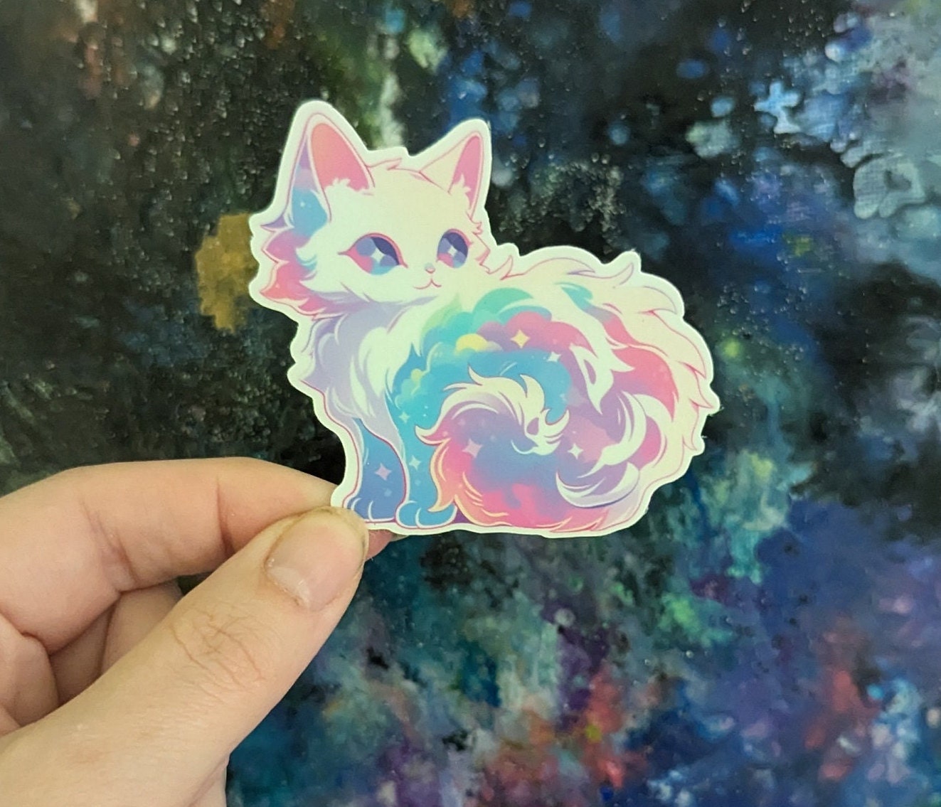 Space cat sticker | waterproof | white and pastel colors | kitty cat | sparkle and holographic