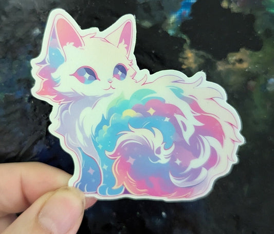 Space cat sticker | waterproof | white and pastel colors | kitty cat | sparkle and holographic