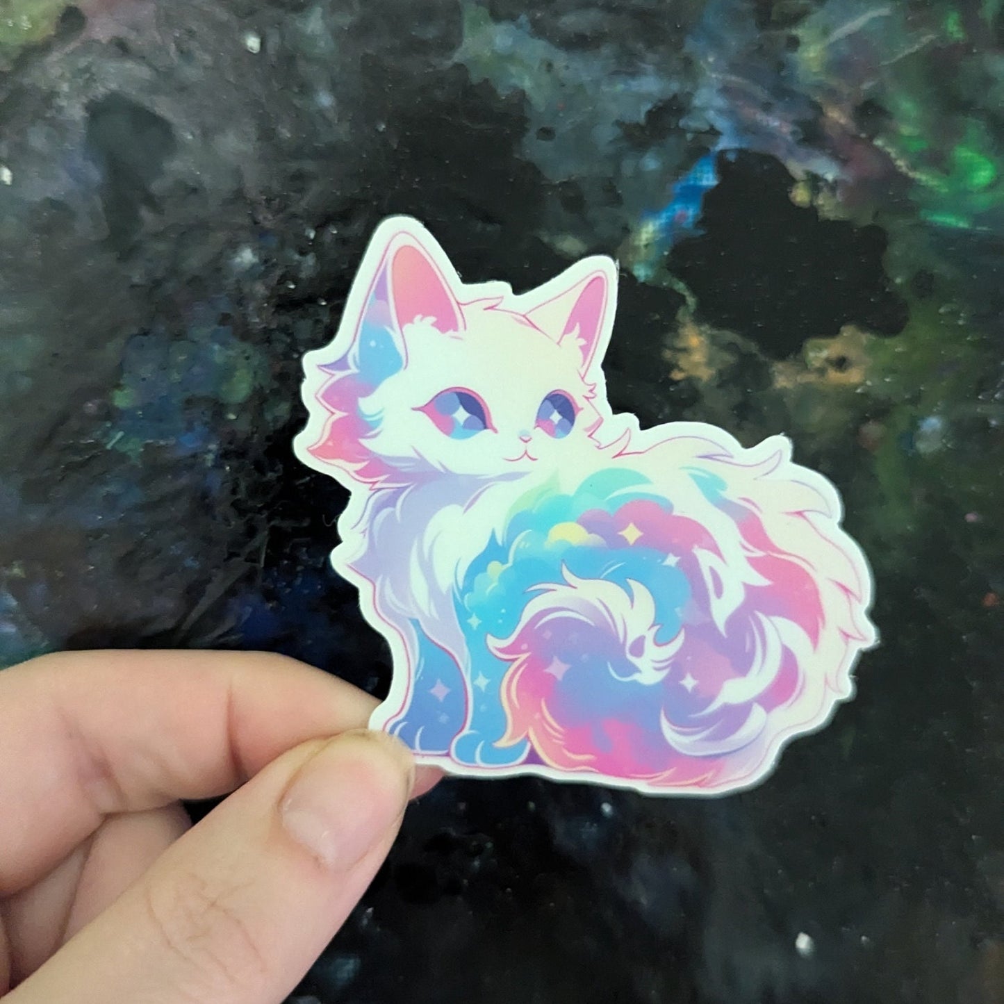 Space cat sticker | waterproof | white and pastel colors | kitty cat | sparkle and holographic