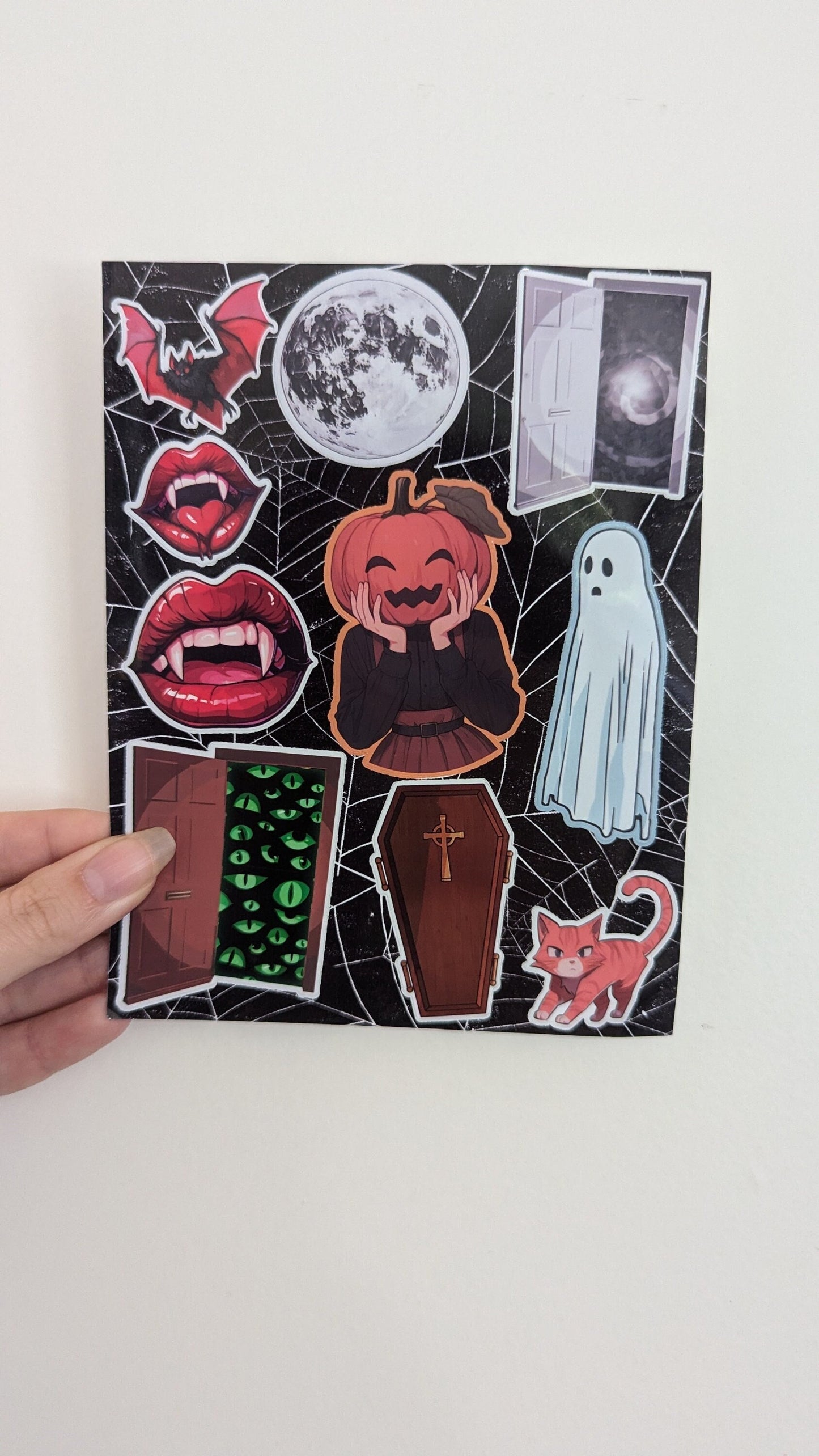 Spooky cute Halloween sticker sheet | Large and small sizes | laminated | waterproof | jack-o'-lantern | moon, vampire, coffin, ghost, cat |