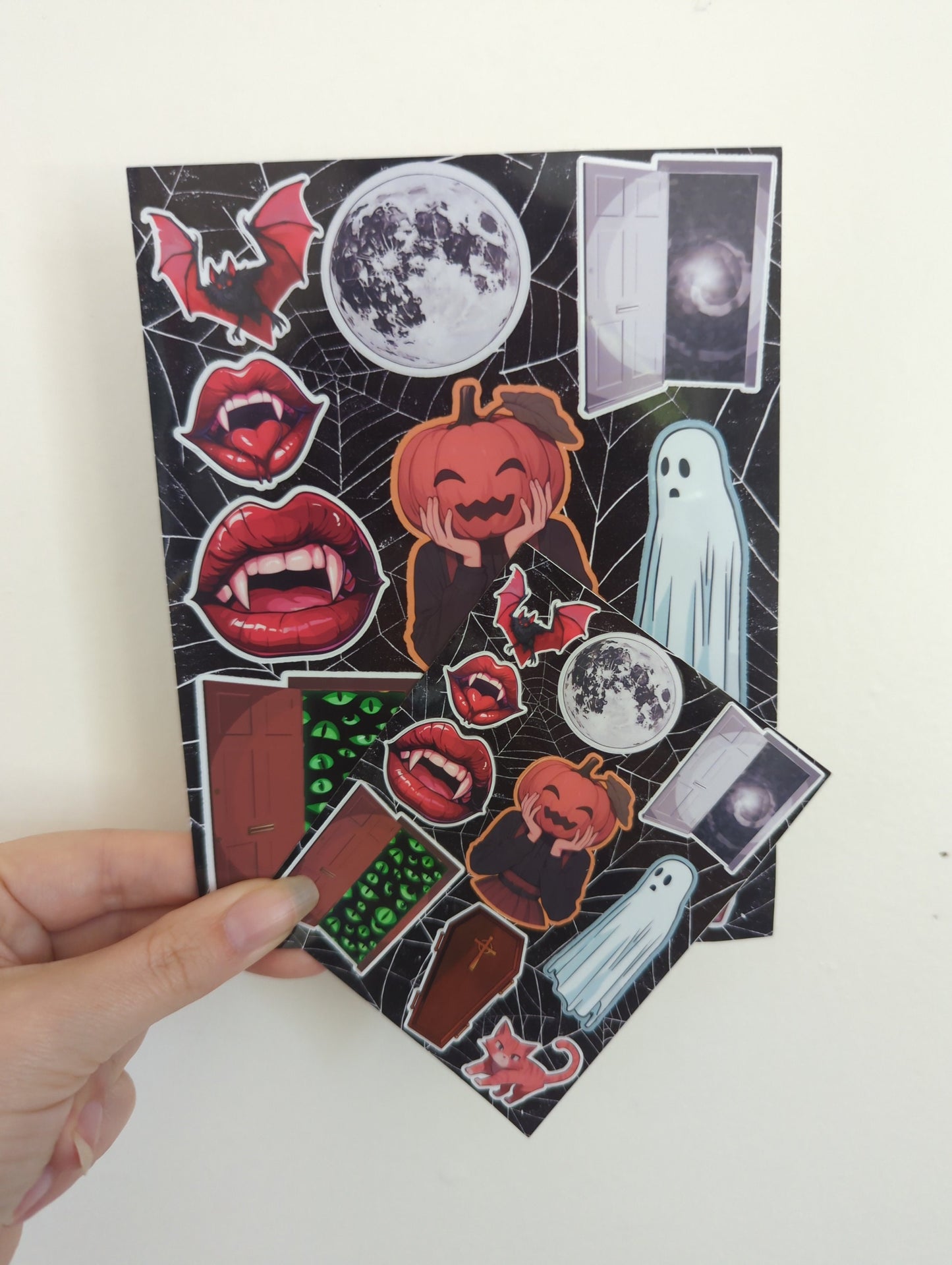 Spooky cute Halloween sticker sheet | Large and small sizes | laminated | waterproof | jack-o'-lantern | moon, vampire, coffin, ghost, cat |