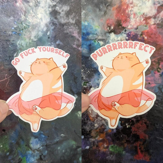 Chonky ballerina kitty sticker with text | go funk yourself, cat in tutu | dancing animal | waterproof | holographic, sparkle, glossy